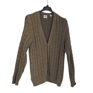 GAP Cable Knit Cardigan Sweater Olive Green Button Long Sleeve XL 100% Cotton